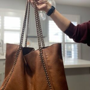 Women's Brown Leather Tote Bag with Chain-Strap